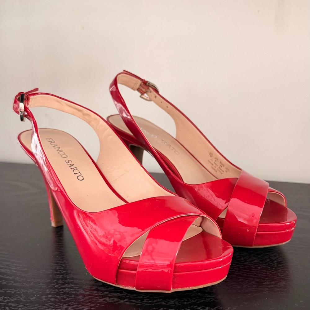 Franco Sarto Glossy Red Patent Peep-Toe Slingback Heels